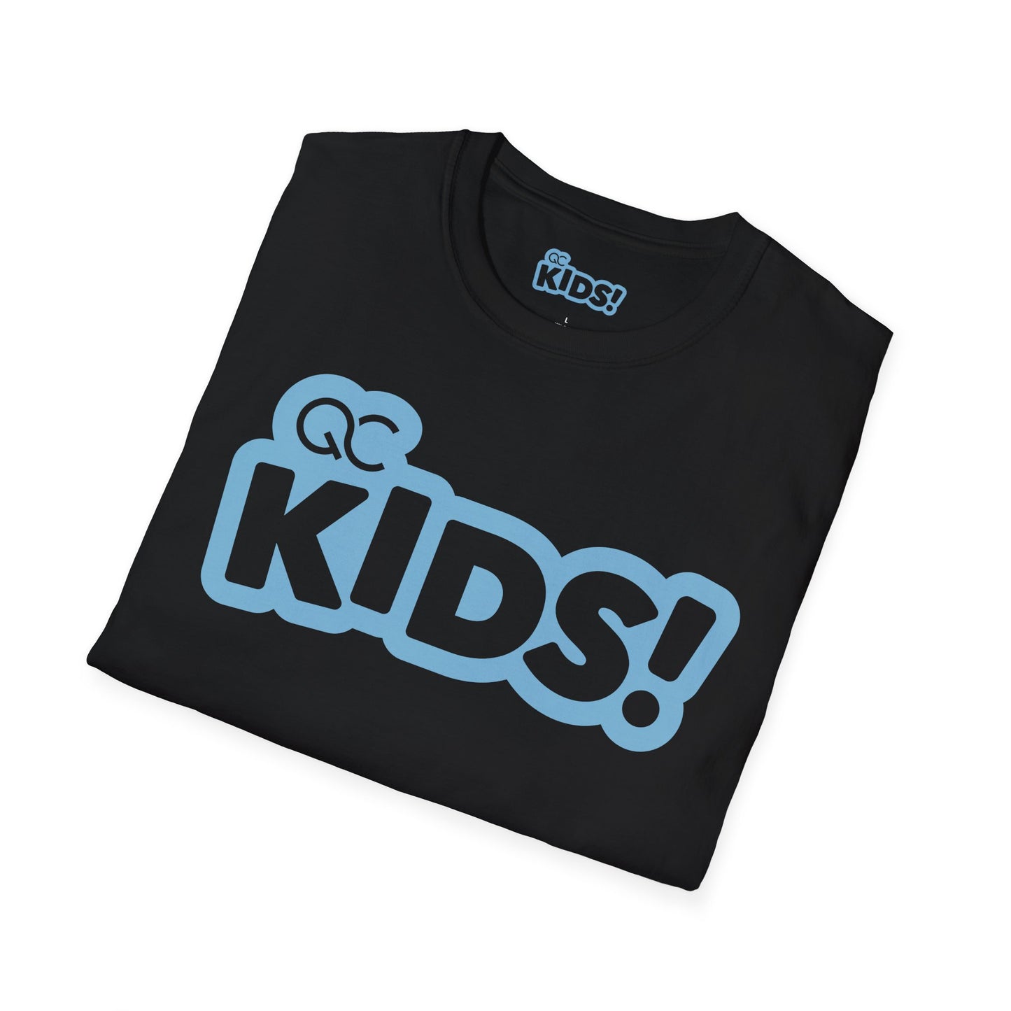 Kids! Graphic T-Shirt — Blue Logo Front with Matthew 19:14 Circle Back
