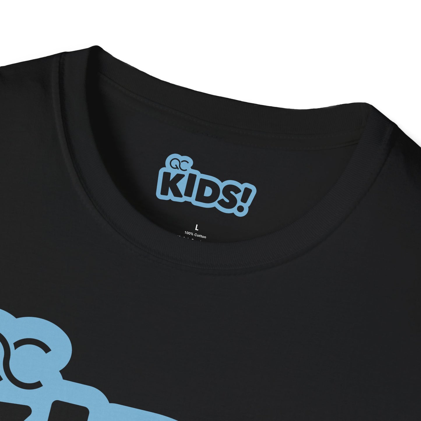 Kids! Graphic T-Shirt — Blue Logo Front with Matthew 19:14 Circle Back