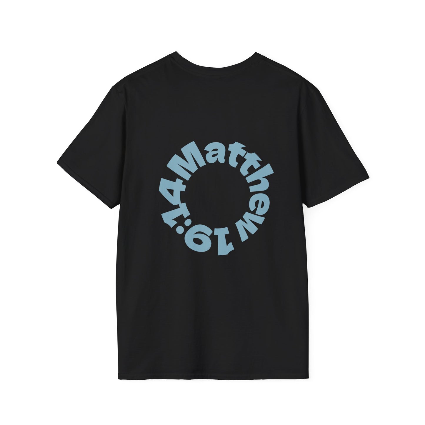 Kids! Graphic T-Shirt — Blue Logo Front with Matthew 19:14 Circle Back